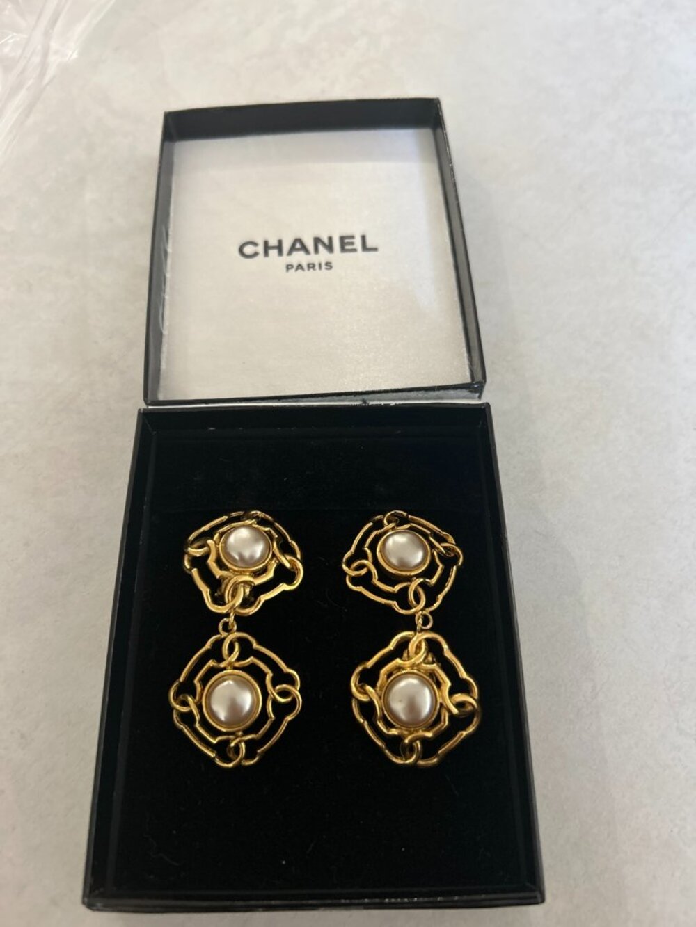 Vintage Chanel 1980s Gold Plated Pearl Drop Clip On Earrings